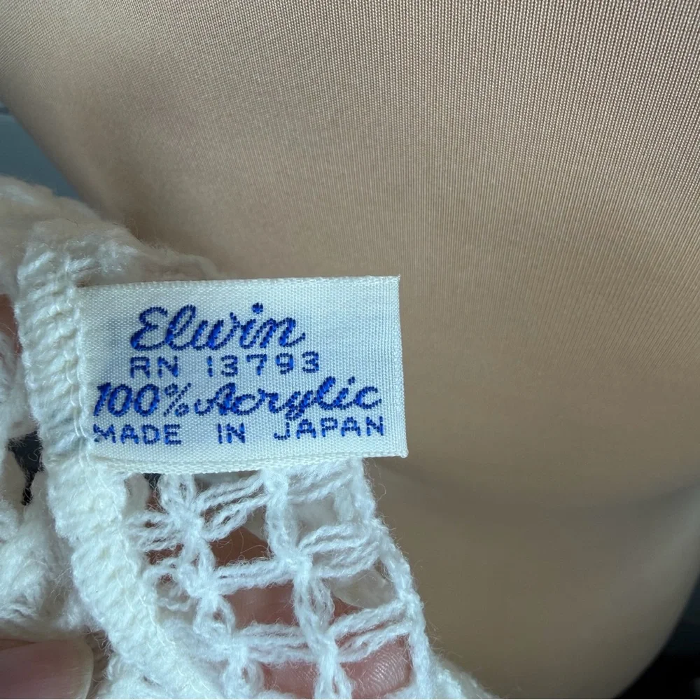 Elwin Vintage White Crochet Poncho Shawl Open Weave Boho Made in Japan